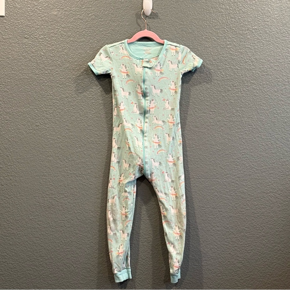 Girls Teal Blue Unicorn Rainbow Children’s Place Size 5T Zip One Piece Pajamas